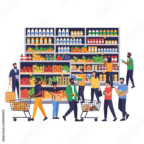 Shoppers Browsing Supermarket Shelves for Grocery Purchases - Vector Illustration