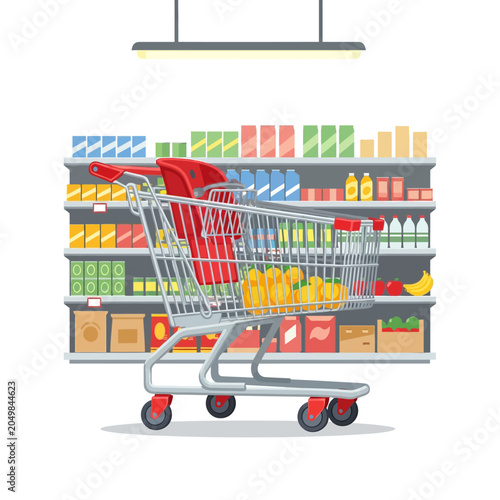 Shopping cart in supermarket with shelves of goods.