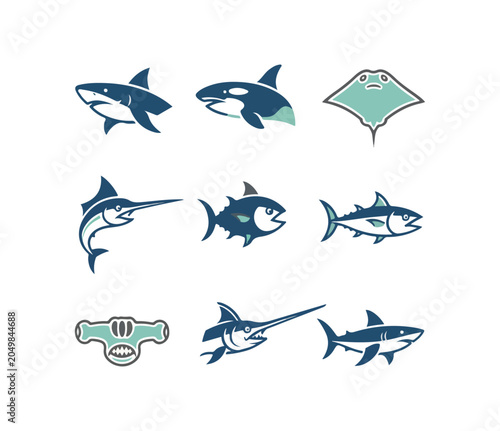Set of illustrated cartilaginous fish including shark and ray illustrations in a dark ocean setting