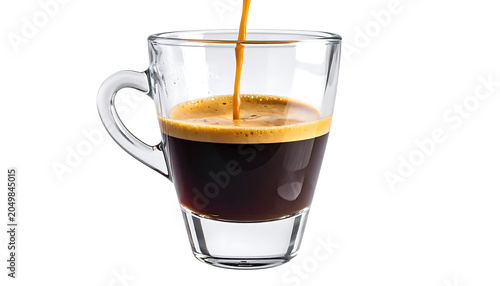Freshly brewed espresso pouring into a clear glass mug, rich dark coffee with crema, invigorating morning beverage