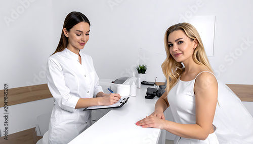 Friendly receptionist assisting a smiling client at a modern medical clinic reception desk, healthcare service