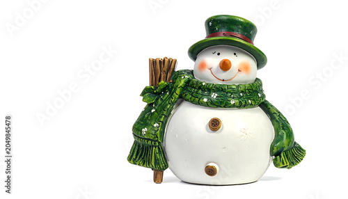 Friendly snowman decoration with green hat and scarf, holding a broom, isolated on white, festive winter holiday charm