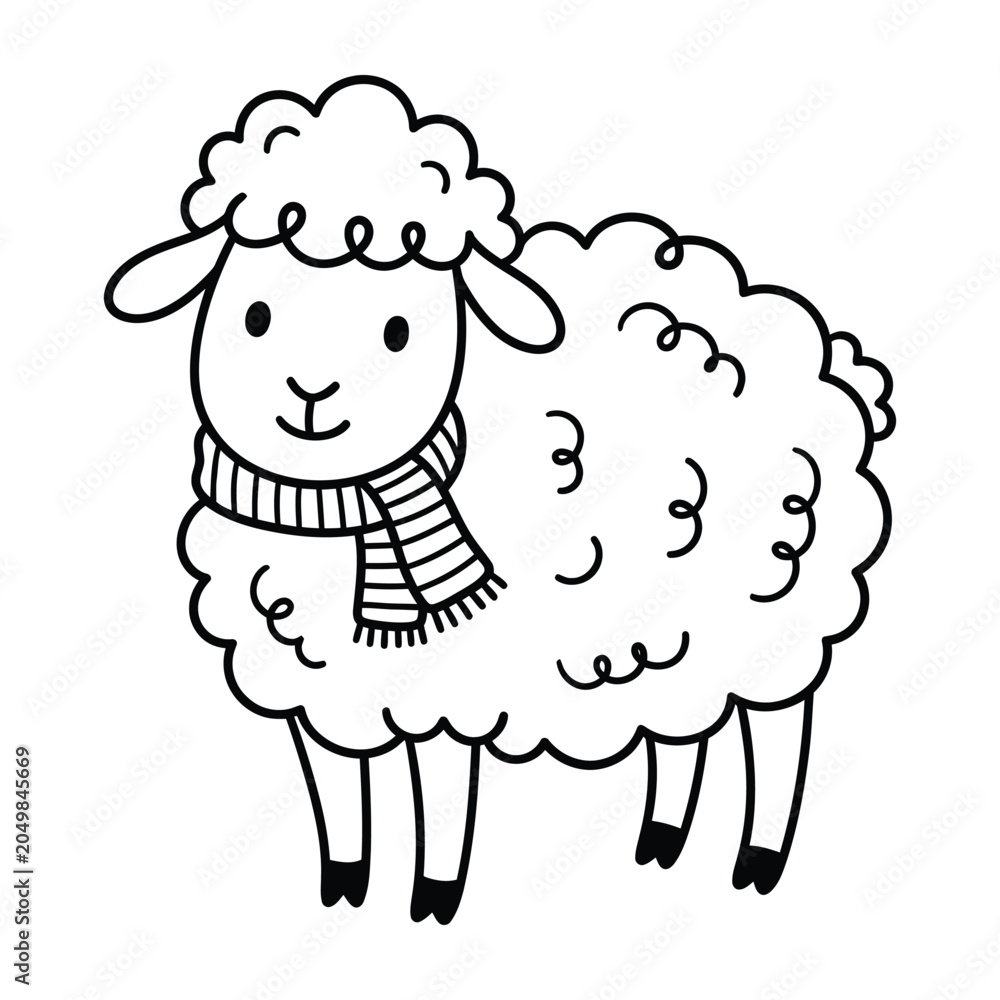 Fototapeta premium Cute cartoon sheep wearing striped winter scarf isolated image