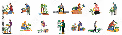 Quadro su tela Set of diverse people gardening, harvesting vegetables, and planting greenery in various urban and rural settings, flat vector illustration collection