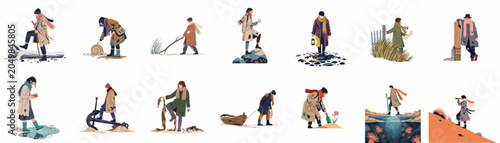 Foto Collection of illustrated characters exploring a coastal environment, featuring explorers, scavengers, and wanderers in worn-out clothing engaged in various maritime activities