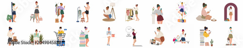 Photos Set of 20 flat vector illustrations featuring stylish young women engaging in online shopping, fashion, and digital lifestyle activities