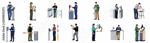 Photos A comprehensive set of flat vector illustrations depicting various customs and border control officers performing security checks, passport control, and surveillance tasks