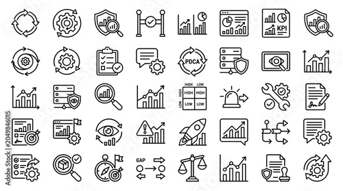 Business monitoring line icons, 40 data analysis and quality control symbols, professional management and performance tracking vector set