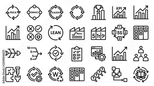 Lean manufacturing icons set, 28 business process improvement symbols, kaizen and six sigma management vector illustrations, industrial efficiency line art