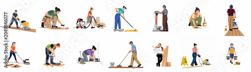 Set of flat illustrations showing various workers installing, sanding, cleaning, and maintaining wooden floors with professional tools and equipment on white background.