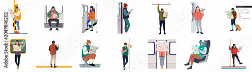Foto Flat vector illustration set of diverse travelers and commuters navigating public transportation using maps in subway stations and train cars