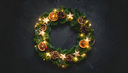 Festive Christmas wreath with pine cones, dried oranges, and star ornaments, illuminated by warm fairy lights on a dark textured background, holiday decoration
