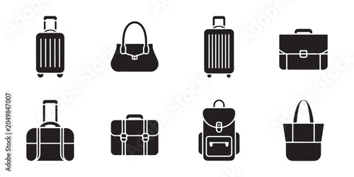Foto Travel luggage and accessory icon set featuring various suitcases handbags backpacks for vacation trip plans