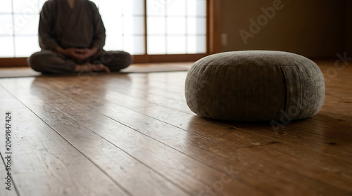 Meditation cushion sits on a smooth wooden floor near a person in the background.