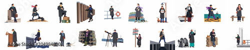 Foto A collection of flat vector illustrations featuring diverse professional characters in various nautical, maritime, and harbor settings with oceanic equipment and tools