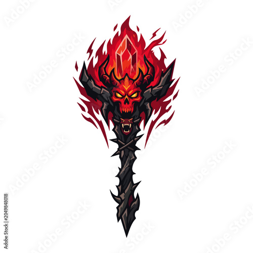 Horned Demon Skull Flaming Staff Gaming Mascot Vector Logo Design