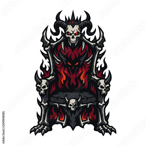 Horned Demon Skull Throne Dark Mascot Vector Illustration