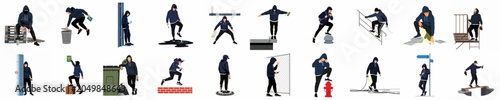 Tableau sur toile Vector set of illustrations featuring a man in a hoodie engaged in various urban street activities, including graffiti, climbing, and exploring