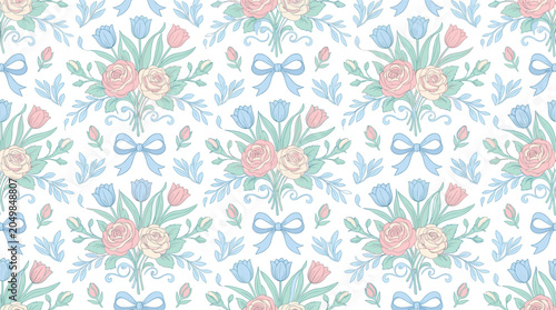 Vintage floral seamless pattern, pastel rose and tulip bouquet background, elegant blue bow and leaf vector illustration for textile design