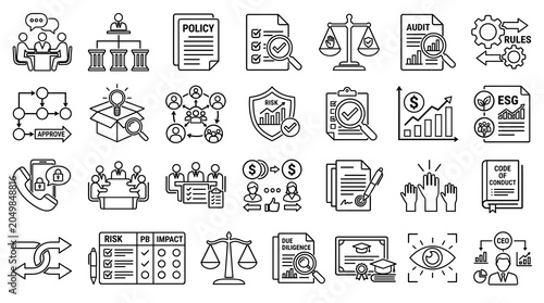 Tableau sur toile Corporate compliance and governance icons set, business ethics and risk manageme