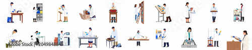 Photos Collection of diverse archivists and museum professionals working on historical document preservation, restoration, and scientific analysis in a laboratory or library setting