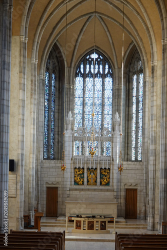 Photography Sunlit Gothic Window Above Wooden Pew Rows