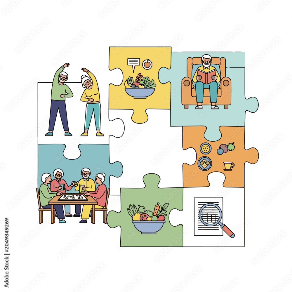 Fototapeta premium Healthy Lifestyle Puzzle of Elderly People: Activities and Wellbeing