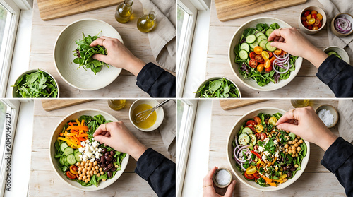 Chef prepares a fresh garden salad in a sequence of four stages showing the healthy assembly of organic ingredients.