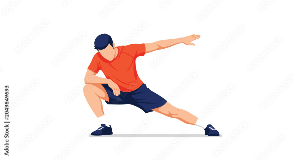Fototapeta premium Fit man in an orange shirt performs side lunges to strengthen his legs and improve his flexibility during a workout.