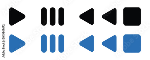Photos Set of flat multimedia control buttons play pause stop skip backward and forward in black and blue colors