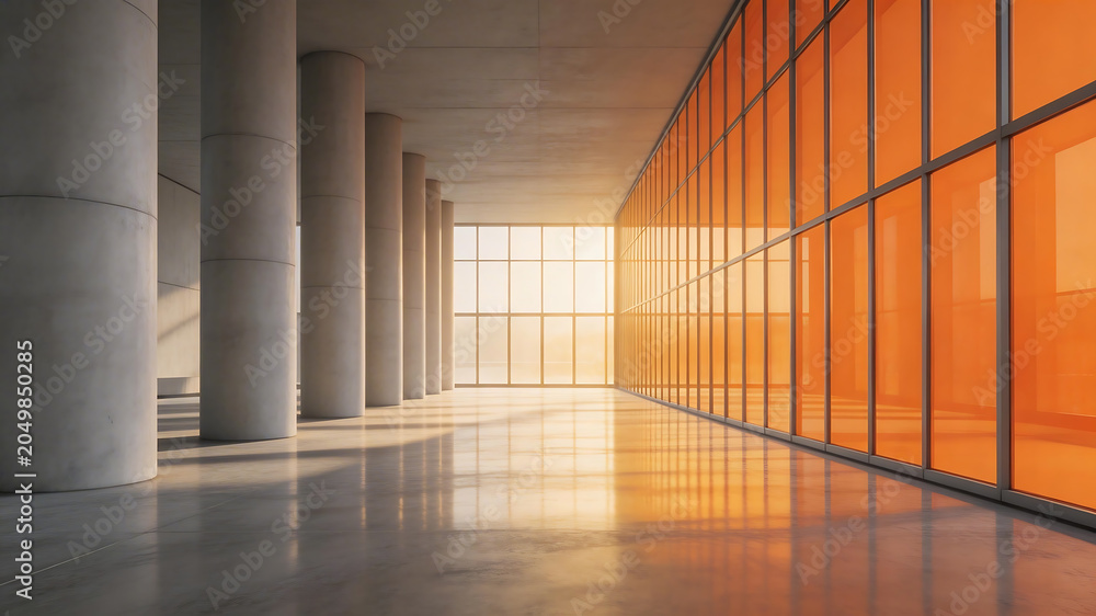 Naklejka premium Modern corridor with columns and orange glass emphasizing environmental sustainability and eco-tourism