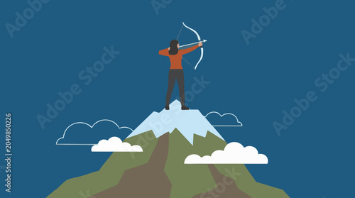 Photography Woman Archer on Mountain Peak Aiming for Success and Goals