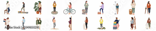 Foto Set of minimalist flat vector illustrations featuring young women in cozy outfits reading letters and cards in various lifestyle scenarios