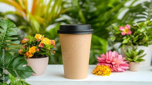Disposable Coffee Cup Surrounded by Colorful Tropical Flowers and Green Plants