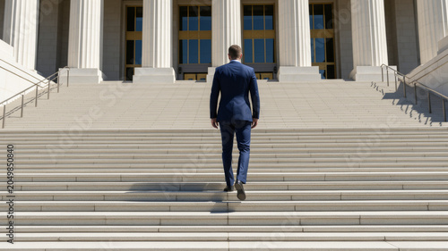 Professional official ascending government building steps representing leadership ambition civic duty and institutional governance