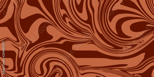 Retro coffee color background. Milk chocolate liquid desert texture. Wavy swirl candy pattern for poster, cover, banner, pamphlet. Vintage brown trippy hippie wallpaper in 60s or 70s style. Vector