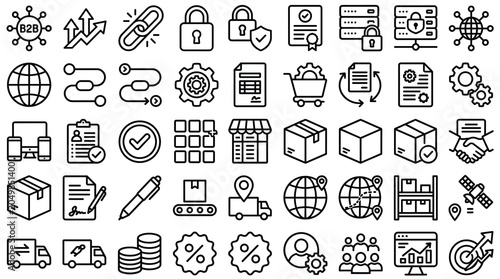 Supply chain management icons set, logistics and distribution vector elements, global business and shipping line art collection for web design