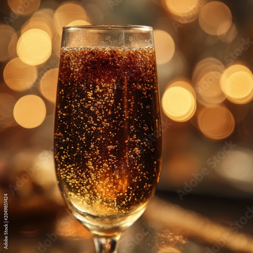 Tall glass filled with sparkling dark beverage and rising bubbles, festive bokeh background