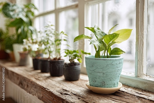 Potted plants on a windowsill, natural light illuminating lush green foliage