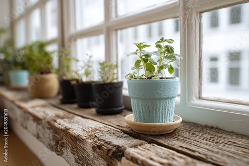 Small potted herbs and plants lined up on a weathered windowsill