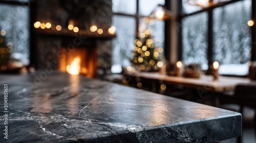 Cozy winter scene with glowing fireplace and festive tree