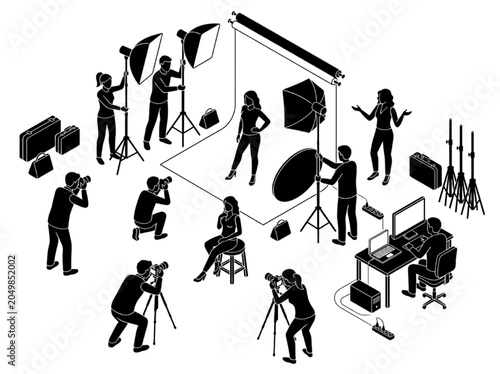 CAD style isometric illustration of a professional photo studio with a model, photographers, and post-production equipment