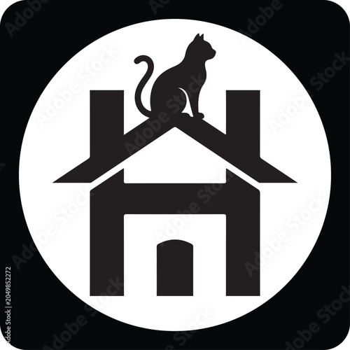 Minimalist logo design featuring a cat sitting on top of a house shaped like the letter h