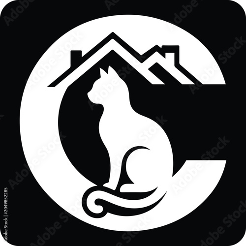 Minimalist logo design featuring a cat silhouette integrated with a house roof icon