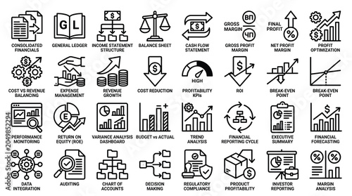 Financial accounting and business reporting icons set, 32 black line vector elements for corporate finance, professional bookkeeping and data analysis