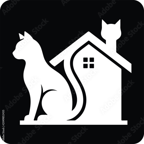 Cat house logo design, silhouette of a cat sitting next to a house with a cat on the roof