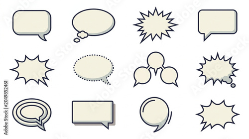 Foto Collection of speech bubbles and comic book style explosion shapes