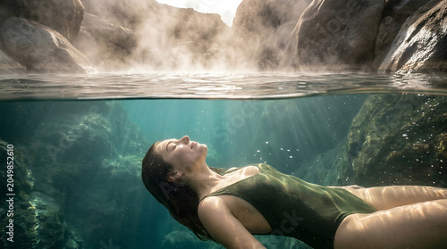 Woman relaxes in a natural geothermal hot spring while floating peacefully in the mineral water.