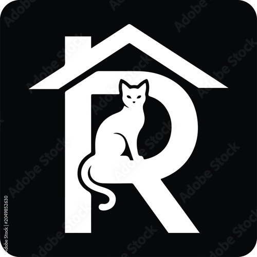 Minimalist logo design featuring a cat silhouette integrated with the letter r and a house