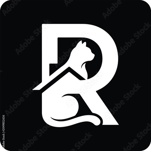Letter r logo design with a cat silhouette and a house roof element